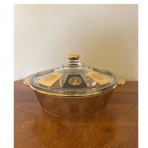 Vintage  Glass 2 Qt Lidded Casserole Dish – Black & Gold Coin Pattern